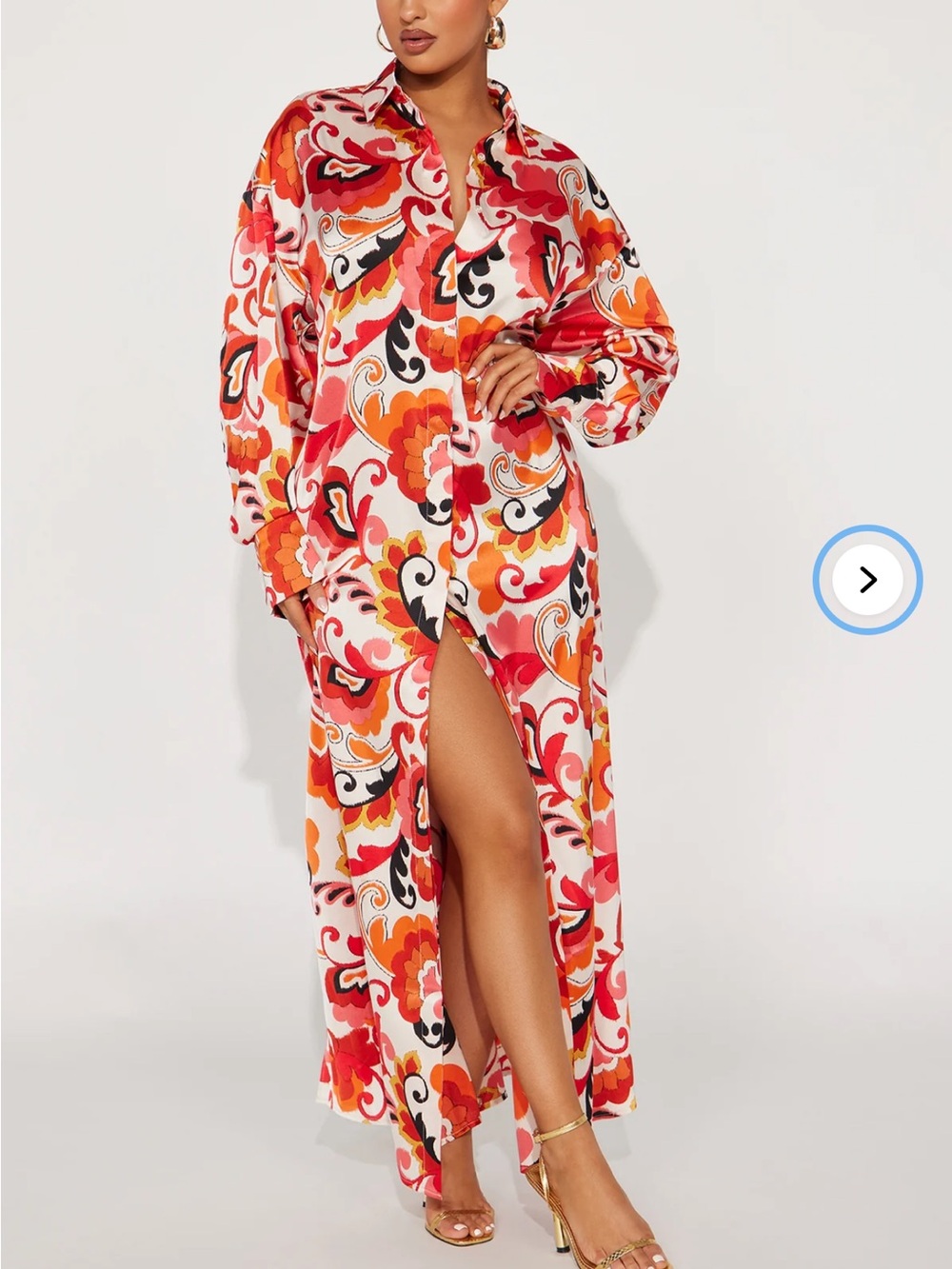Fashion Nova Red, Orange, Pink & Black Printed Maxi Shirt Dress